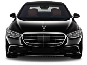 Front-facing Mercedes-Benz S580 black car limo parked on Manhattan street, New York City chauffeur service
