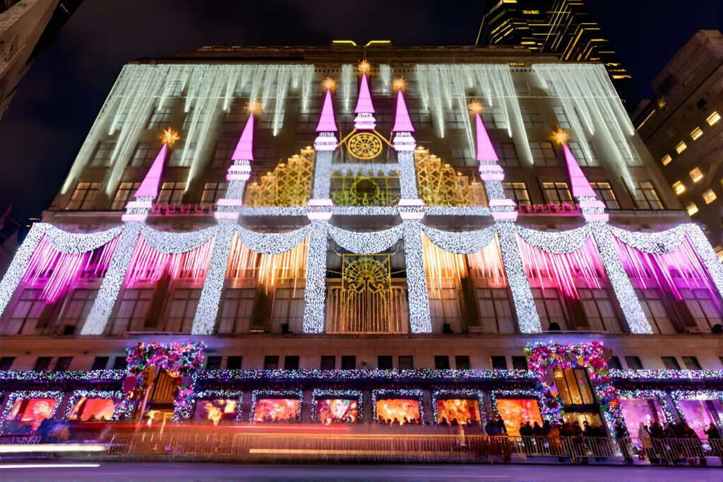 Saks Fifth Avenue Christmas light show viewed during a private Manhattan limousine holiday lights tour