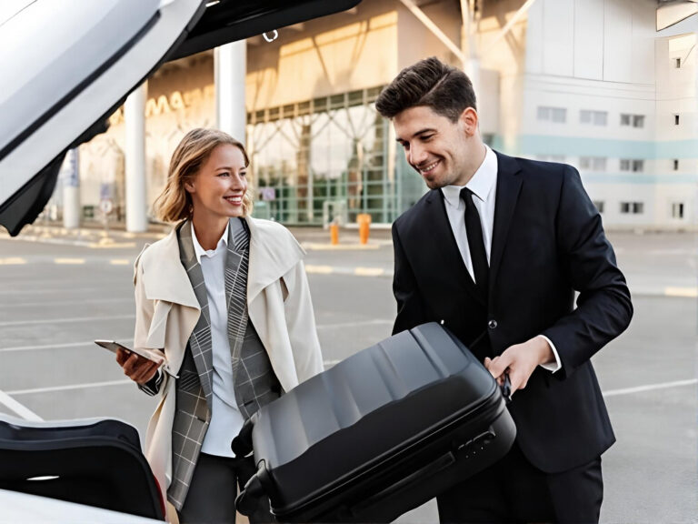 NYC airport private chauffeur service driver removing customer luggage from trunk at airport