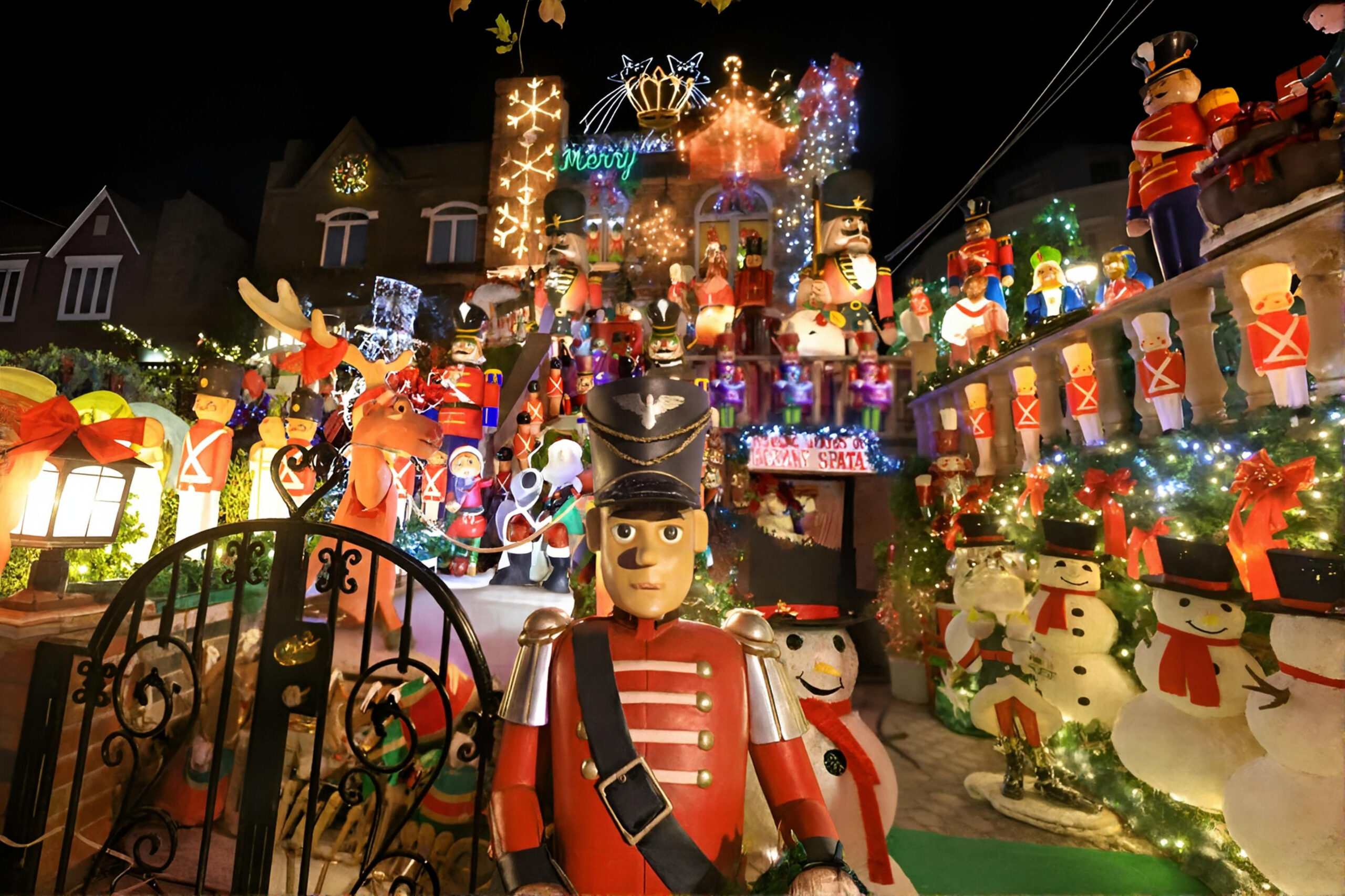 Dyker Heights home with oversized Christmas decorations on a private chauffeur limousine tour