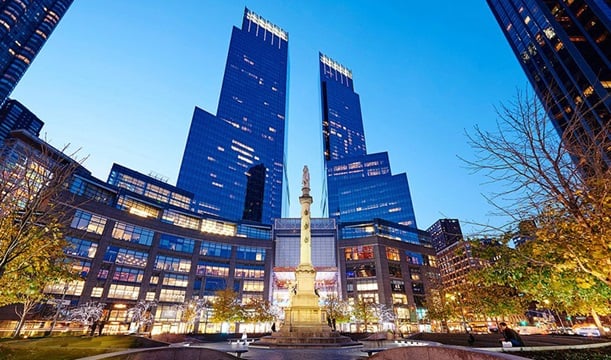 Columbus Circle fountain viewed during an Extended Manhattan Loop private chauffeur tour in Manhattan