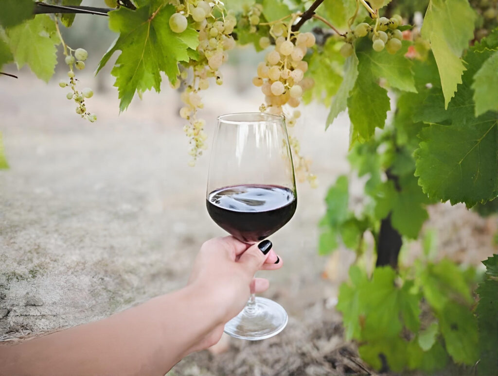 Half-full glass of red wine during a private chauffeur wine tasting tour in Westchester and the Hudson Valley