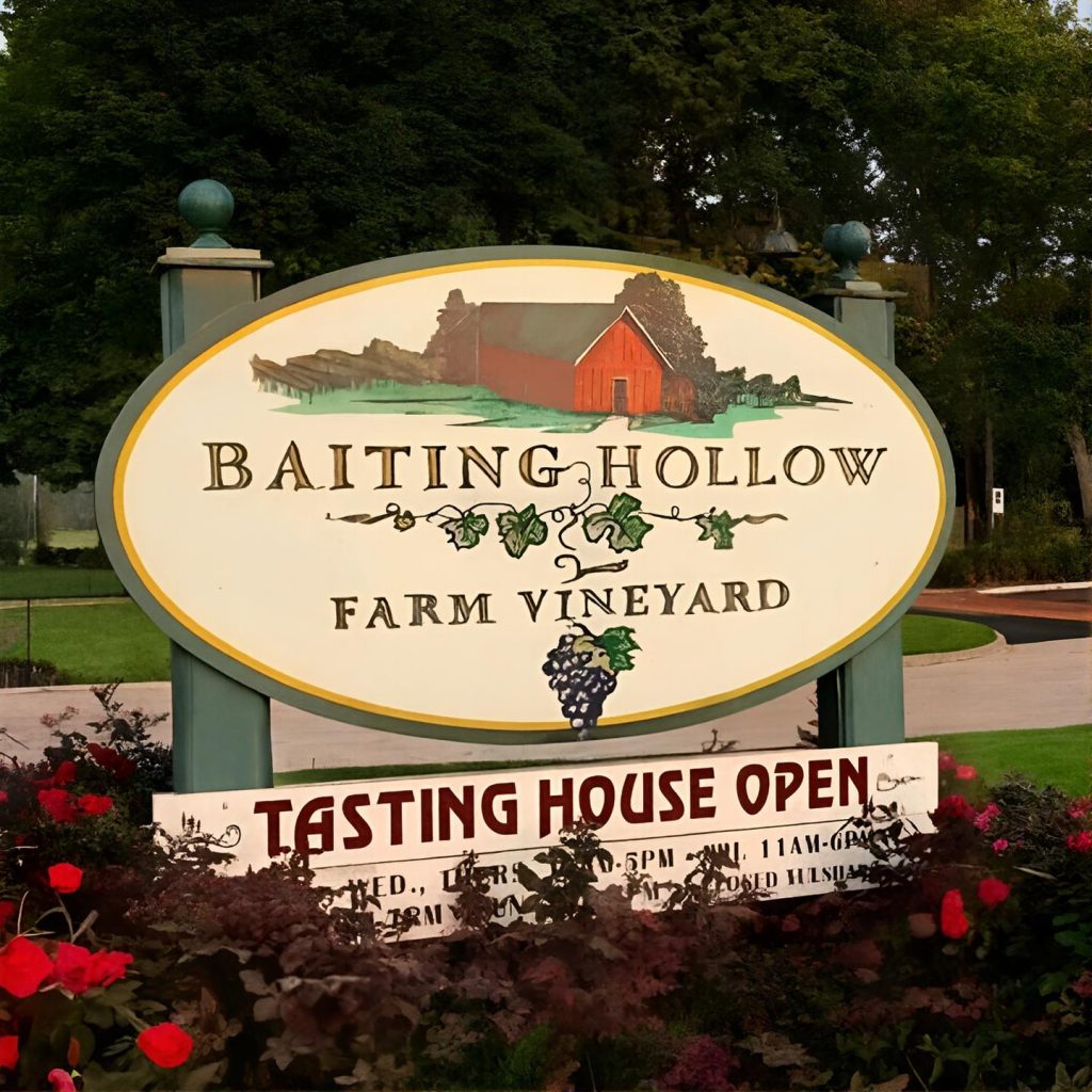 Entrance sign for Baiting Hollow Farm Vineyard on the North Fork of Long Island during a private chauffeured wine tour.