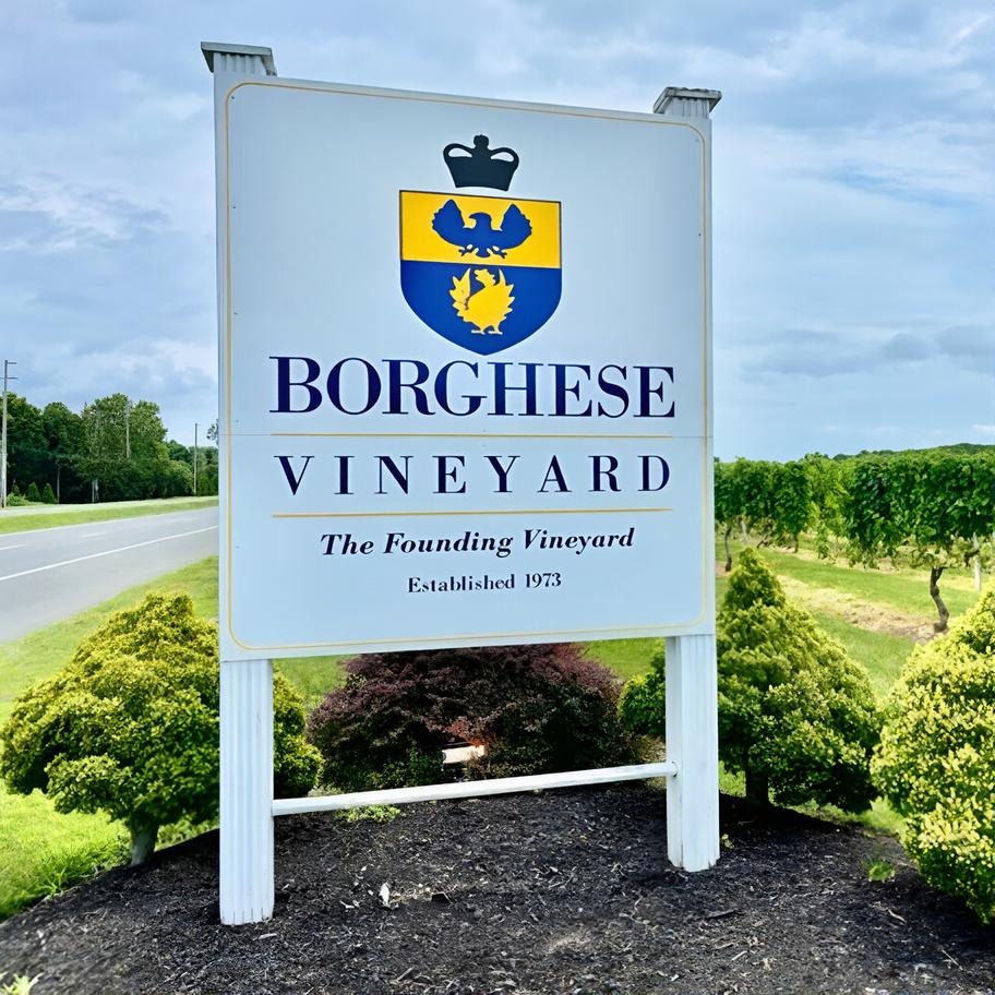Roadside sign for Borghese Vineyard on the North Fork of Long Island during a private chauffeured wine tour.