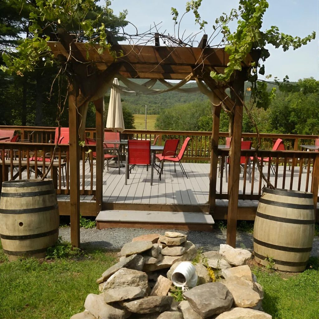 Outdoor deck with tables at Bashakill Vineyards & Winery in the Hudson Valley during a chauffeured wine tasting tour from New York City.