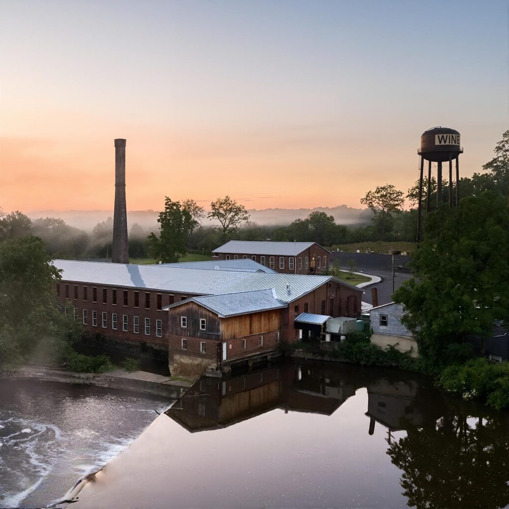 Waterfall view at City Winery Hudson Valley during a chauffeured wine tasting tour from New York City.