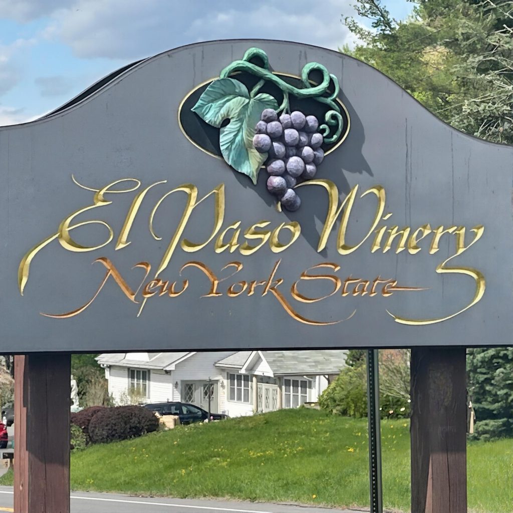 Entrance sign for El Paso Winery Inc. in the Hudson Valley during a chauffeured wine tasting tour from New York City.