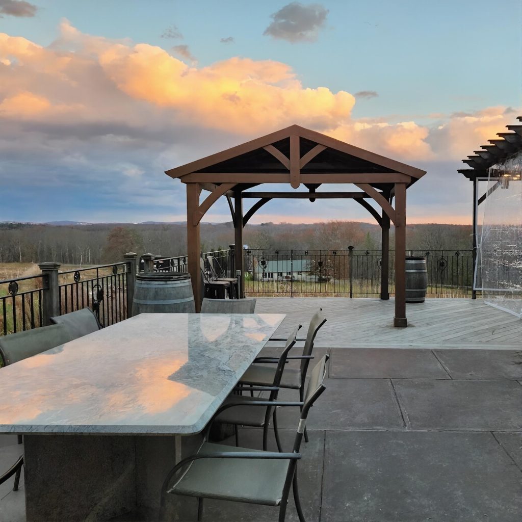 Outdoor deck at Robibero Winery in the Hudson Valley during a chauffeured wine tasting tour from New York City.